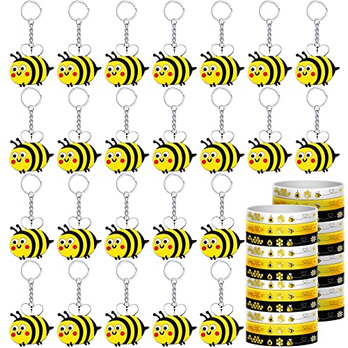 Sureio 48 Pieces Cute Bee Party Favors Bulk Bee Rubber Bracelets and Keychain Honeybee Rubber Wristband Birthday Party Favors Decorations for Birthday Supplies - Image 1