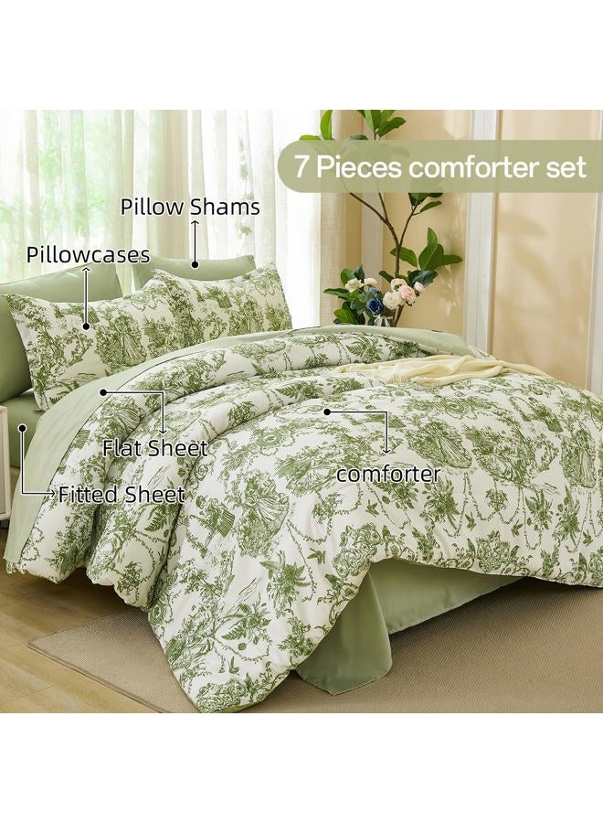 Xruibed Sage Green Comforter Set Queen Size 7 Pieces, Toile de Jouy Botanical Bed in a Bag Boho Comforter Set with Sheet, Pillowcases, Pillowshams, Soft Microfiber Bedding Set for All Season 90''x90'' - Image 3