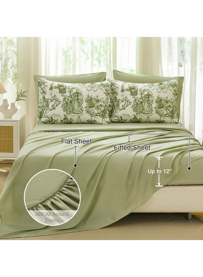 Xruibed Sage Green Comforter Set Queen Size 7 Pieces, Toile de Jouy Botanical Bed in a Bag Boho Comforter Set with Sheet, Pillowcases, Pillowshams, Soft Microfiber Bedding Set for All Season 90''x90'' - Image 4