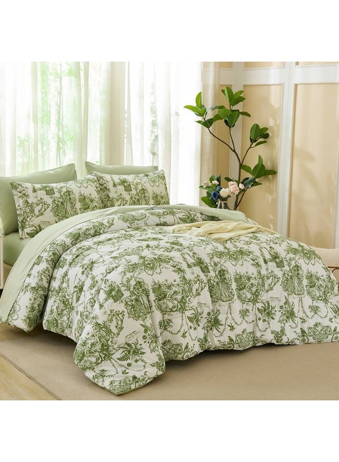 Xruibed Sage Green Comforter Set Queen Size 7 Pieces, Toile de Jouy Botanical Bed in a Bag Boho Comforter Set with Sheet, Pillowcases, Pillowshams, Soft Microfiber Bedding Set for All Season 90''x90'' - Image 2