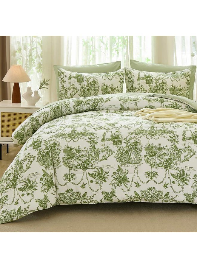 Xruibed Sage Green Comforter Set Queen Size 7 Pieces, Toile de Jouy Botanical Bed in a Bag Boho Comforter Set with Sheet, Pillowcases, Pillowshams, Soft Microfiber Bedding Set for All Season 90''x90'' - Image 1