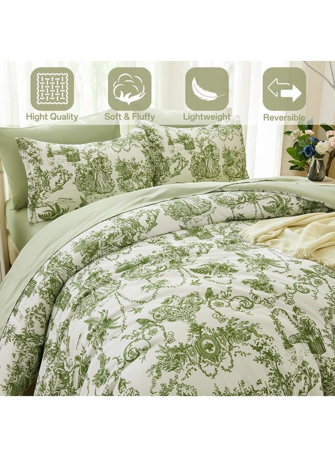 Xruibed Sage Green Comforter Set Queen Size 7 Pieces, Toile de Jouy Botanical Bed in a Bag Boho Comforter Set with Sheet, Pillowcases, Pillowshams, Soft Microfiber Bedding Set for All Season 90''x90'' - Image 5