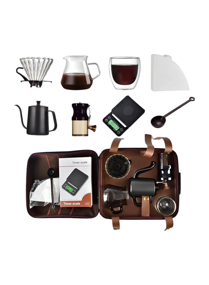 V60 Pour Over Coffee Set – Complete Coffee Brewing Kit with Black Gooseneck Kettle, Coffee Filter, Manual Grinder & Travel Storage Bag | DIY Portable Manual Coffee Maker Kit - Image 1