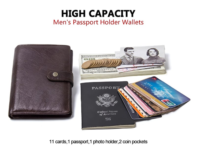 Contacts Unisex Casual Genuine Leather Wallet Photo Holder Passport Card Holder for Travel Passport Purse (15-Brownish) - Image 5