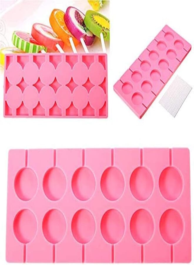 Antonki Cavities Big Lollipop Mold Silicone, DIY Candy Chocolate Sucker Molds Ice Pop Fondant Tool with 100 Sticks (Pink)