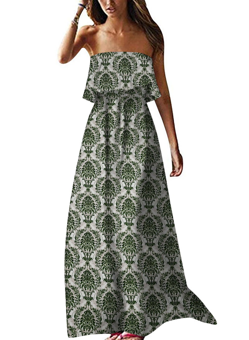 ZMPSIISA Women's Summer Off The Shoulder Maxi Dress Ruffle Strapless Blue White Porcelain Boho Casual Loose Long Dresses(A-Porcelain Green,Medium) - Image 1