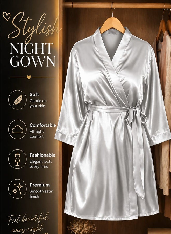 MARGOUN Women's XL/2XL Size Pure Short Satin Robes Bridesmaid and Bride Silky Robes Sleepwear Soft Dressing Gown Bride Pajamas Morning Robe Mid-Length Nightdress White - Image 2