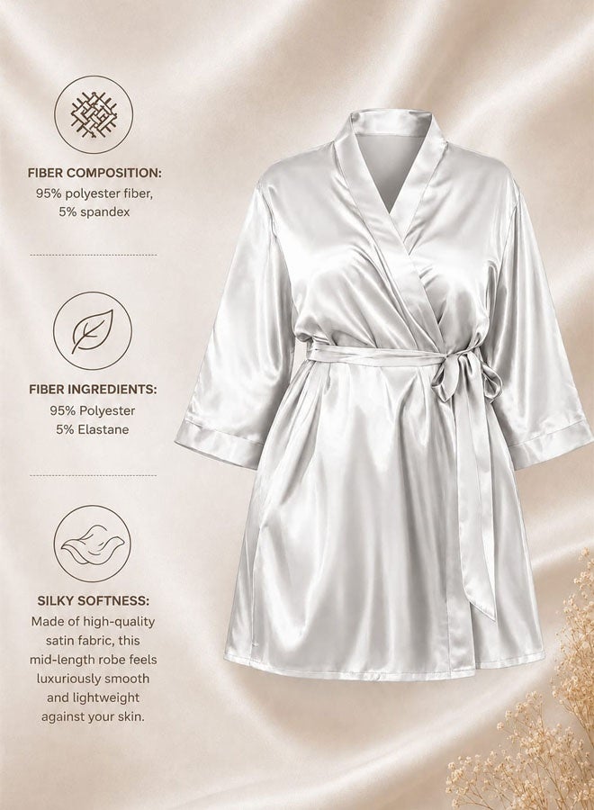 MARGOUN Women's XL/2XL Size Pure Short Satin Robes Bridesmaid and Bride Silky Robes Sleepwear Soft Dressing Gown Bride Pajamas Morning Robe Mid-Length Nightdress White - Image 5
