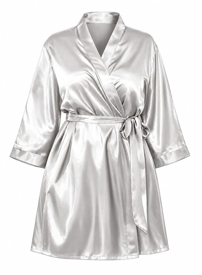 MARGOUN Women's XL/2XL Size Pure Short Satin Robes Bridesmaid and Bride Silky Robes Sleepwear Soft Dressing Gown Bride Pajamas Morning Robe Mid-Length Nightdress White - Image 3