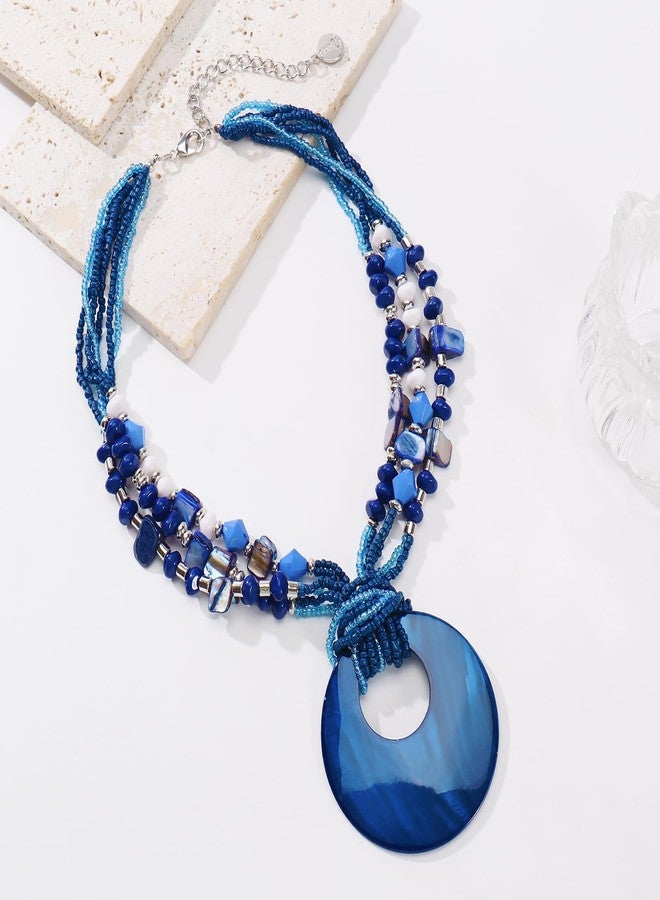 كويريز قلادة مميزة من صدفة الكويريس للنساء، قلادة بوهيمية متعددة الخرز من الأحجار الطبيعية الملونة، قلادة بوهيمية مصنوعة يدويًا من خرز الصدف السميك للنساء (N0129-أزرق داكن) - Image 3