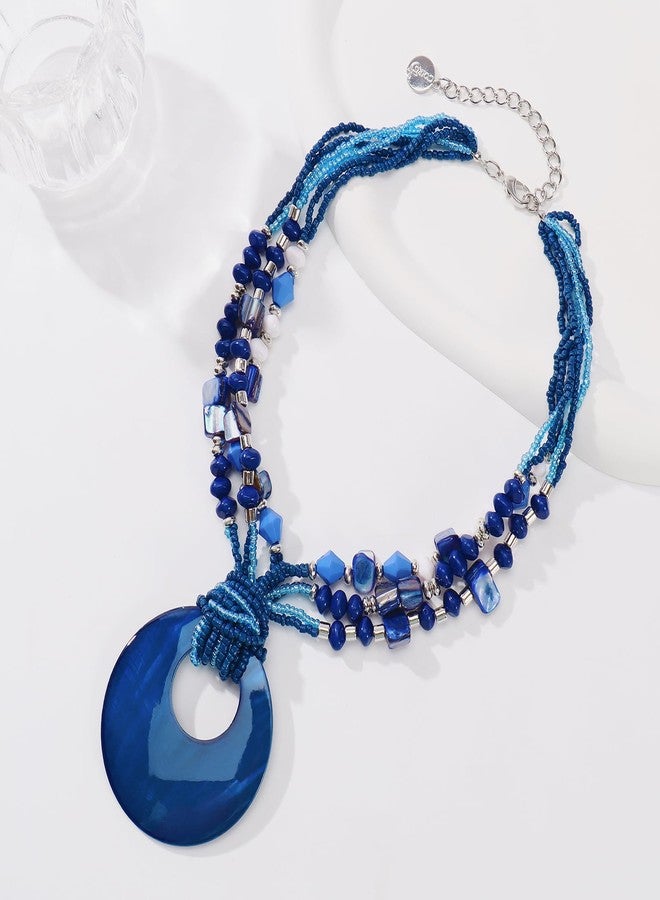 كويريز قلادة مميزة من صدفة الكويريس للنساء، قلادة بوهيمية متعددة الخرز من الأحجار الطبيعية الملونة، قلادة بوهيمية مصنوعة يدويًا من خرز الصدف السميك للنساء (N0129-أزرق داكن) - Image 5