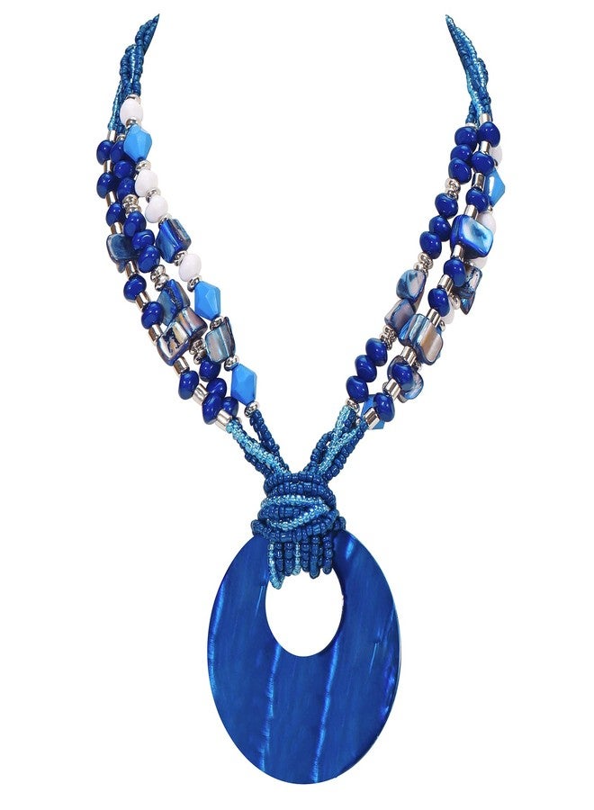 كويريز قلادة مميزة من صدفة الكويريس للنساء، قلادة بوهيمية متعددة الخرز من الأحجار الطبيعية الملونة، قلادة بوهيمية مصنوعة يدويًا من خرز الصدف السميك للنساء (N0129-أزرق داكن) - Image 1