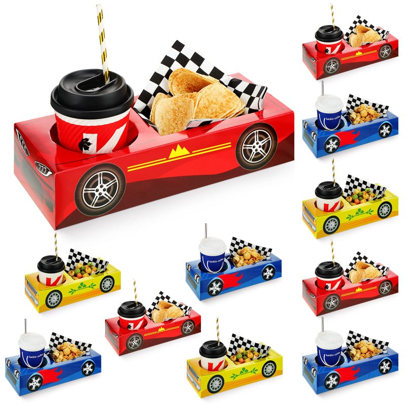 Lincia 12 Pieces Race Car Party Food Boxes Car Birthday Party Supplies Food Trays with Snack and Drinks Boxes and One Pack Checkered Napkin for Birthday Race Themed Supplies - Image 1