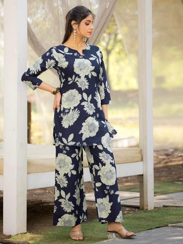 Tee Projekt Cotton Ethnic Wear Co Ord Set for Women | Festive Co Ord Set for Women Navy Blue - Image 4