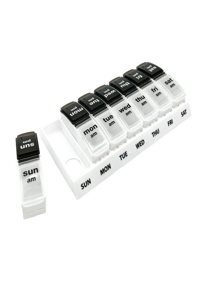 EZY DOSE Weekly (7-Day) Daily AM/PM Pill Case, Medicine Planner, Vitamin Organizer, Supplement Container, Large Pop-Out Compartments, Designed for Travel 2 Times a Day, Black and White Lids - Image 1