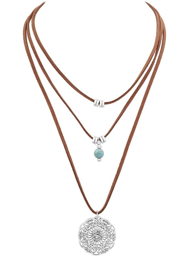 MINACHI Vintage Blue Stone Necklace with Flower Pendants, Velvet Choker, Multi Layer Boho Style Necklace for Women - Image 1