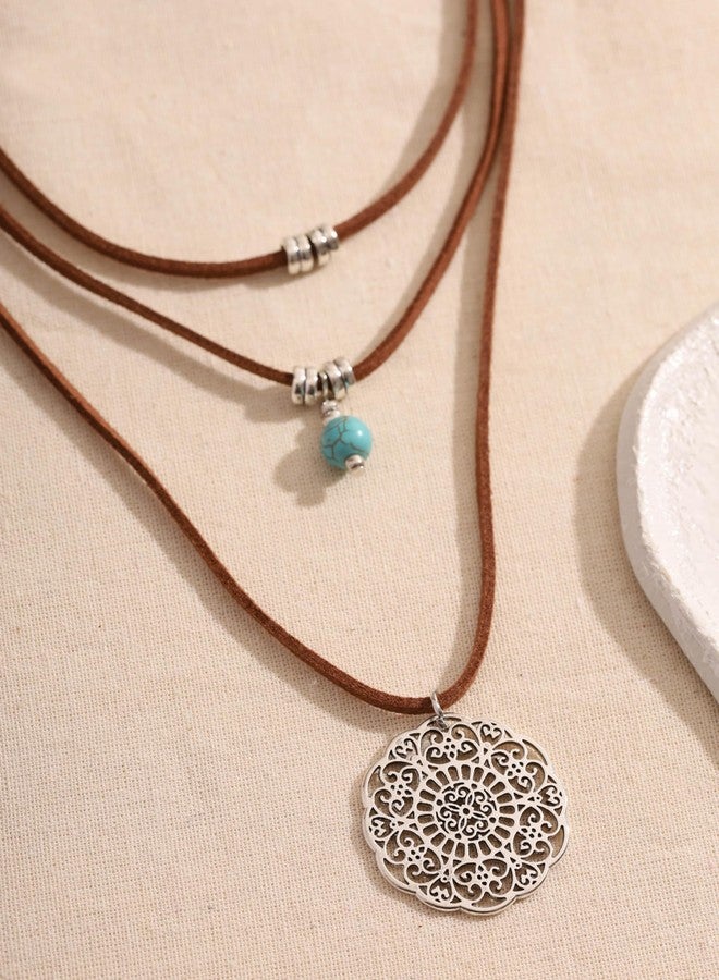 MINACHI Vintage Blue Stone Necklace with Flower Pendants, Velvet Choker, Multi Layer Boho Style Necklace for Women - Image 5