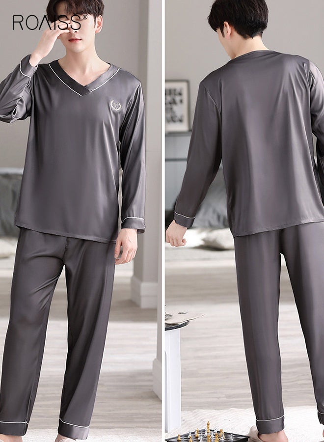 رويس بيجامة رجالية صيفية من الحرير الجليدي بفتحة رقبة على شكل حرف V قابلة للتهوية وأكمام طويلة وبنطال طويل، طقم بيجاما بسيط ومريح للاسترخاء للرجال بخصر مطاطي - Image 5