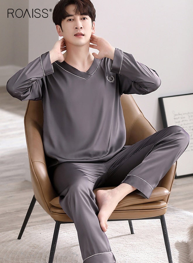 رويس بيجامة رجالية صيفية من الحرير الجليدي بفتحة رقبة على شكل حرف V قابلة للتهوية وأكمام طويلة وبنطال طويل، طقم بيجاما بسيط ومريح للاسترخاء للرجال بخصر مطاطي - Image 1