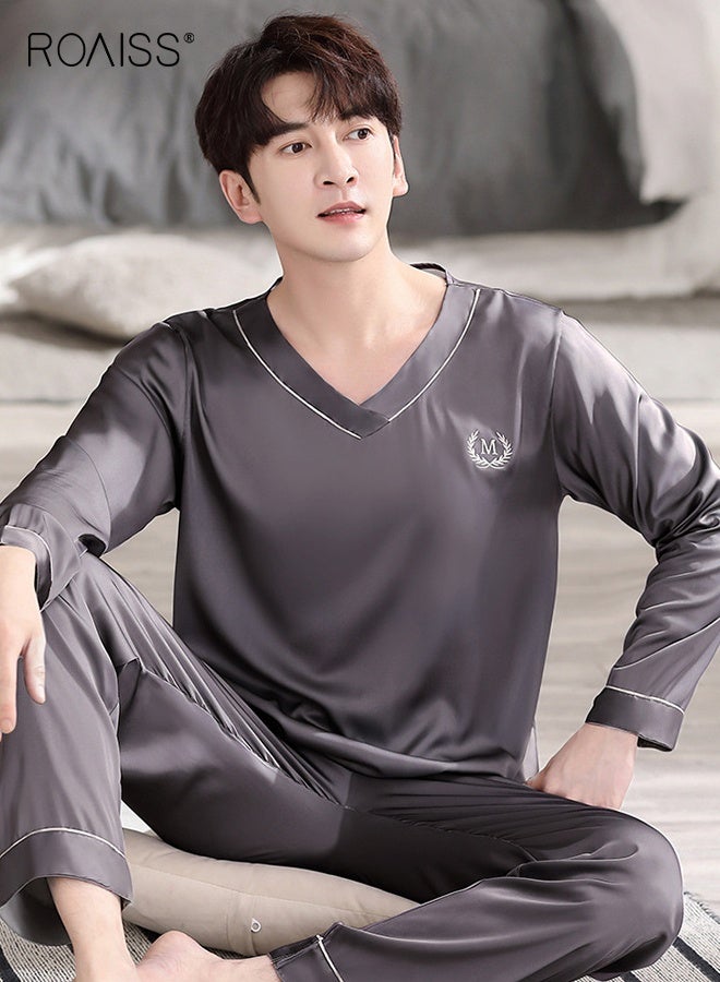 رويس بيجامة رجالية صيفية من الحرير الجليدي بفتحة رقبة على شكل حرف V قابلة للتهوية وأكمام طويلة وبنطال طويل، طقم بيجاما بسيط ومريح للاسترخاء للرجال بخصر مطاطي - Image 4
