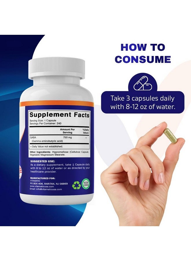 Vitamatic GABA (Gamma Aminobutyric Acid) 750mg, 240 Vegetable Capsules, 240 Servings - Non-GMO, Gluten Free - Image 3