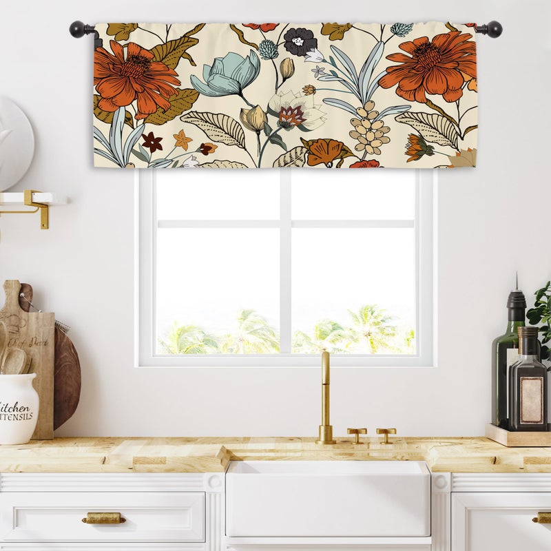 Miyotaa Vintage Flower Kitchen Curtain Valance 54W x 18H Rod Pocket Retro Burnt Orange Blossom Botanical Autumn Fall Window Treatment for Living Room Bedroom Bathroom - Image 4