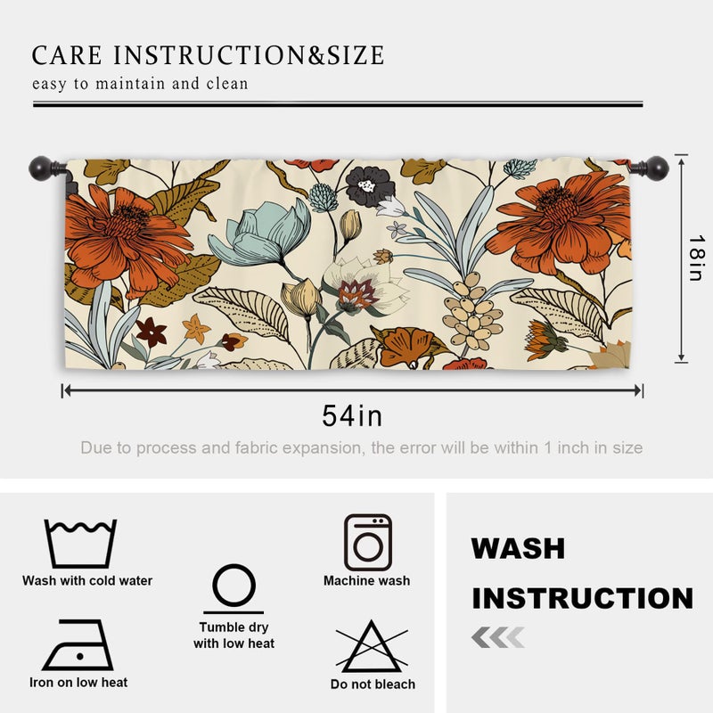 Miyotaa Vintage Flower Kitchen Curtain Valance 54W x 18H Rod Pocket Retro Burnt Orange Blossom Botanical Autumn Fall Window Treatment for Living Room Bedroom Bathroom - Image 3