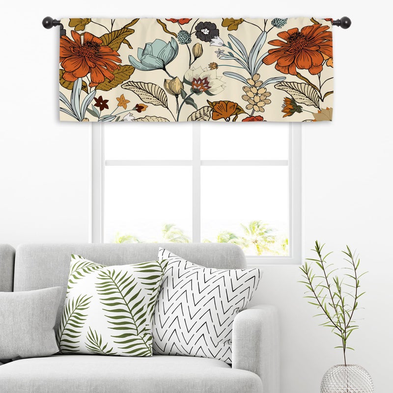 Miyotaa Vintage Flower Kitchen Curtain Valance 54W x 18H Rod Pocket Retro Burnt Orange Blossom Botanical Autumn Fall Window Treatment for Living Room Bedroom Bathroom - Image 5