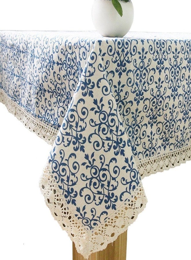 Bringsine Cotton Linen Table Cloth Cover Fabric Vintage Navy Damask Decorative Lace Tablecloth for Dinner Picnic Home Decorative(Square, 55 x 55 Inch) - Image 1