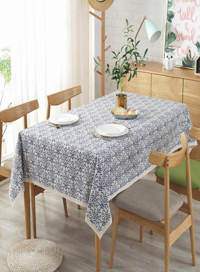 Bringsine Cotton Linen Table Cloth Cover Fabric Vintage Navy Damask Decorative Lace Tablecloth for Dinner Picnic Home Decorative(Square, 55 x 55 Inch) - Image 2