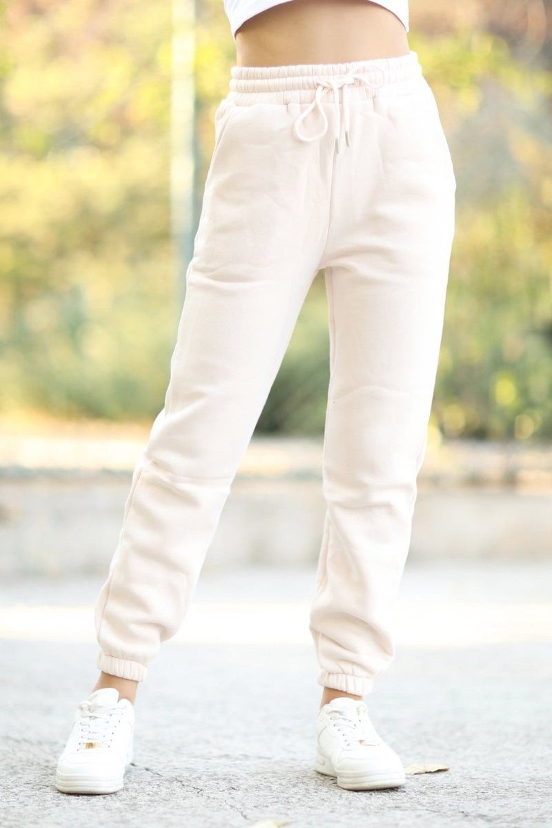 Giysa Women's Beige Pocketed Sweatpants Elastic Leg and Drawstring Waist 3 Rope Raised Cotton Blend - 2529-9016  - Image 5