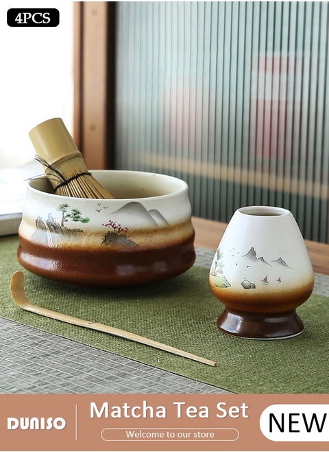 Matcha Whisk Set, 4pcs Japanese Tea Set,Matcha Whisk,Traditional Scoop, Matcha Bowl, Ceramic Whisk Holder,Traditional Matcha Tool Set for Matcha Tea Ceremony