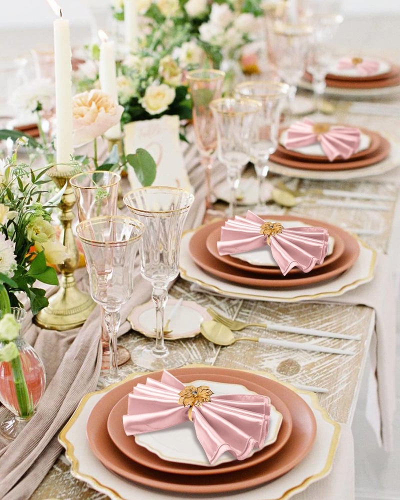 VIJIV 12 Pack Cloth Napkins and Gold Napkin Rings Set of 6 17x17 Square Satin Dinner Table Napkins Rings Flower Personalized Napkins Bridal Shower Napkins for Wedding Reception Party Decorative - Image 3