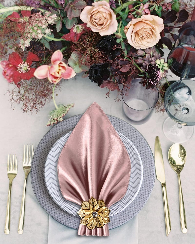 VIJIV 12 Pack Cloth Napkins and Gold Napkin Rings Set of 6 17x17 Square Satin Dinner Table Napkins Rings Flower Personalized Napkins Bridal Shower Napkins for Wedding Reception Party Decorative - Image 2