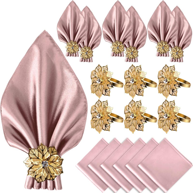 VIJIV 12 Pack Cloth Napkins and Gold Napkin Rings Set of 6 17x17 Square Satin Dinner Table Napkins Rings Flower Personalized Napkins Bridal Shower Napkins for Wedding Reception Party Decorative - Image 1