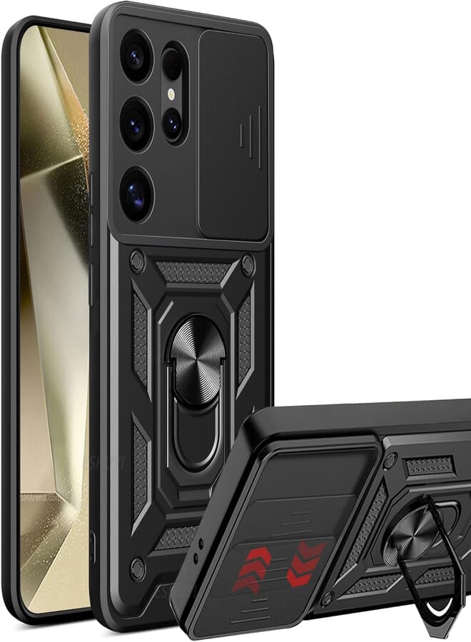 UNBLACK unblack case Compatible with Samsung Galaxy s25 Ultra, Premium Protection Back Case with Camera Slide Cover Built-in Ring Stand Shockproof Case For samsung s25 ultra (Black)