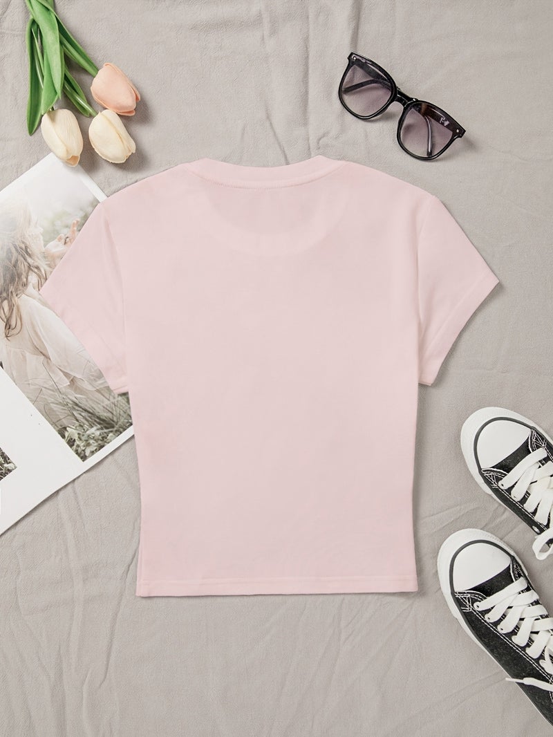 00008 - Women'S Casual Top English Letter Petal Print Girly Heart Sweet Cool American Style Ins Hot Summer T - Shirt - CC75 - Pink / XS - Image 2