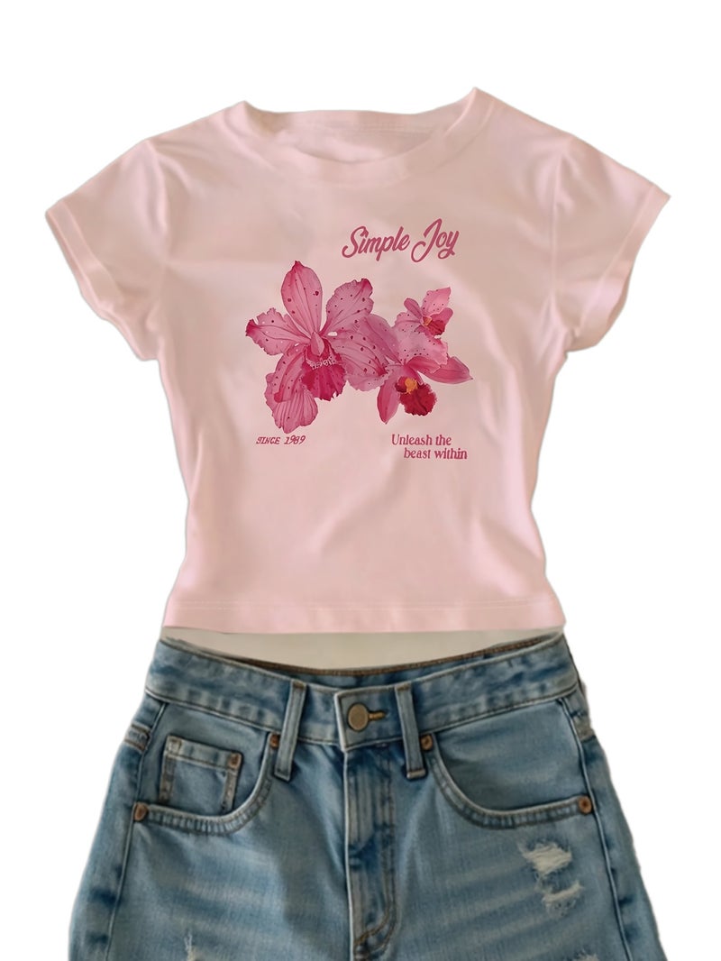 00008 - Women'S Casual Top English Letter Petal Print Girly Heart Sweet Cool American Style Ins Hot Summer T - Shirt - CC75 - Pink / XS - Image 1