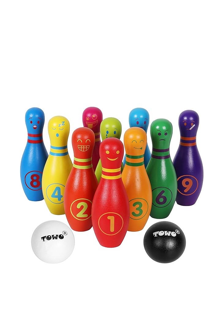 Wooden Bowling Game for Kids, 10 Colorful with 2 Balls, Numbered Bowling Set - Image 1