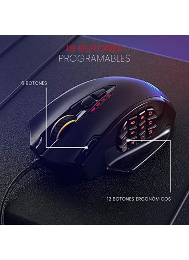 12400 Dpi Impact Mmo Gaming Mouse With 18 Programmable Buttons Weight Tuning Cartridge 12 Side Buttons M908 Black Red
