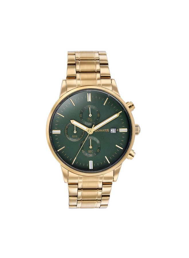 سوناتا ساعة سوناتا كوارتز متعددة الوظائف بمينا خضراء وسوار من الفولاذ المقاوم للصدأ باللون الذهبي للرجال - Image 1