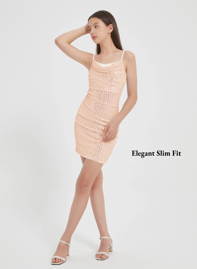 EXARUS Girls Sparkly Dress Teen Homecoming School Dance Party Sequin Spaghetti Strap Special Occasion Tight Bodycon Dress, Cowl Neck Champagne, 12 Years - Image 2