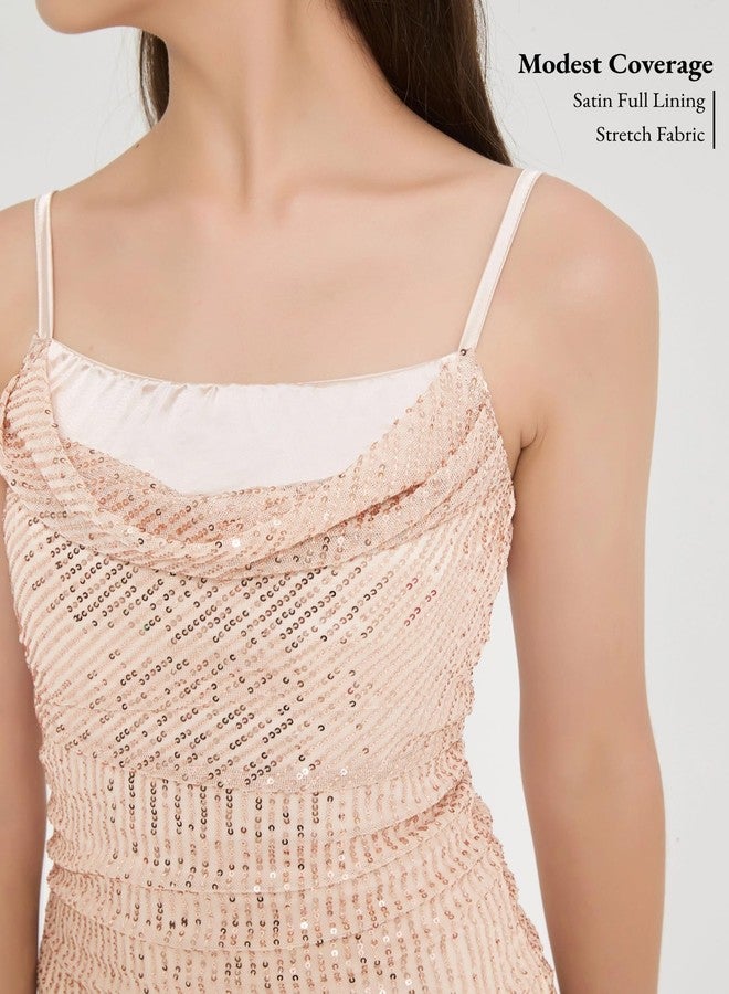 EXARUS Girls Sparkly Dress Teen Homecoming School Dance Party Sequin Spaghetti Strap Special Occasion Tight Bodycon Dress, Cowl Neck Champagne, 12 Years - Image 4