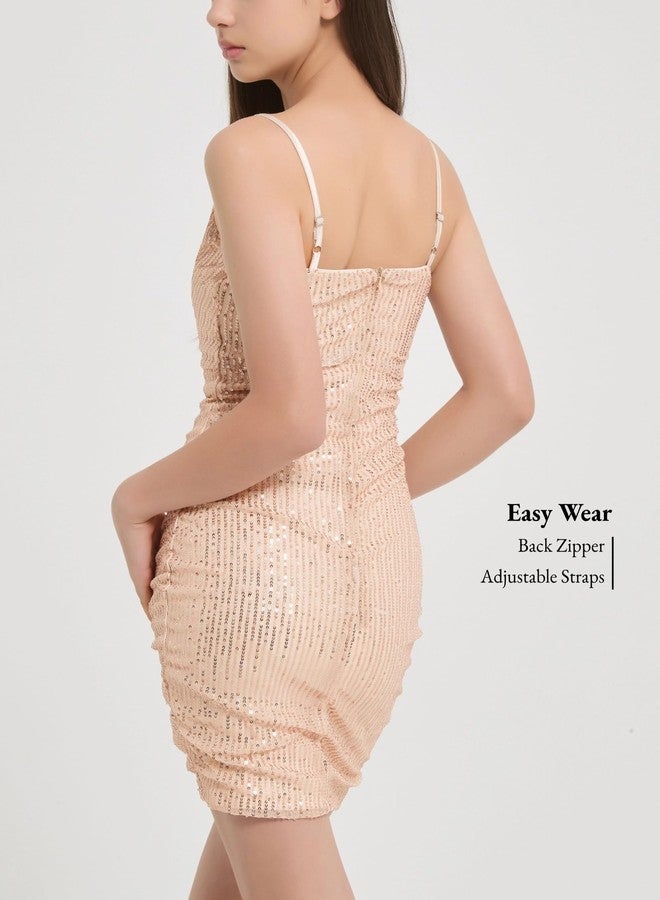 EXARUS Girls Sparkly Dress Teen Homecoming School Dance Party Sequin Spaghetti Strap Special Occasion Tight Bodycon Dress, Cowl Neck Champagne, 12 Years - Image 3