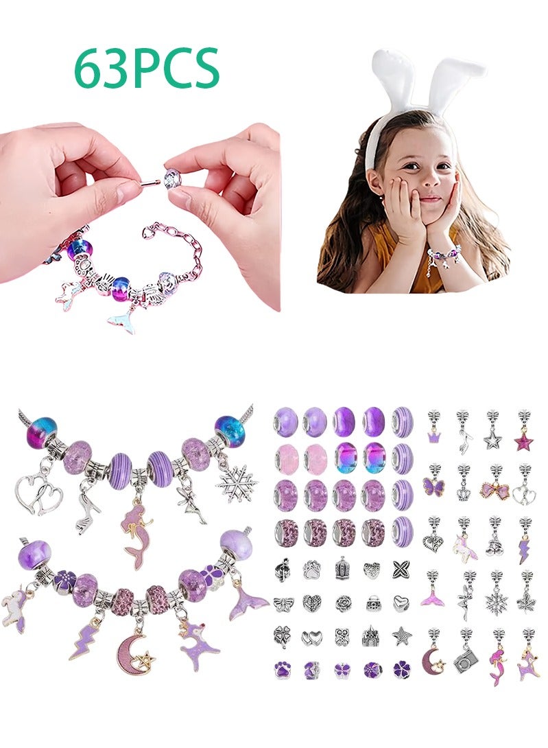 مجموعة صنع أساور DIY للبنات، مجموعة أساور ساحرة مكونة من 63 قطعة مع خرز وقلادات وخيوط أساور لصناعة الأساور، فكرة هدية للأطفال والفتيات - Image 1