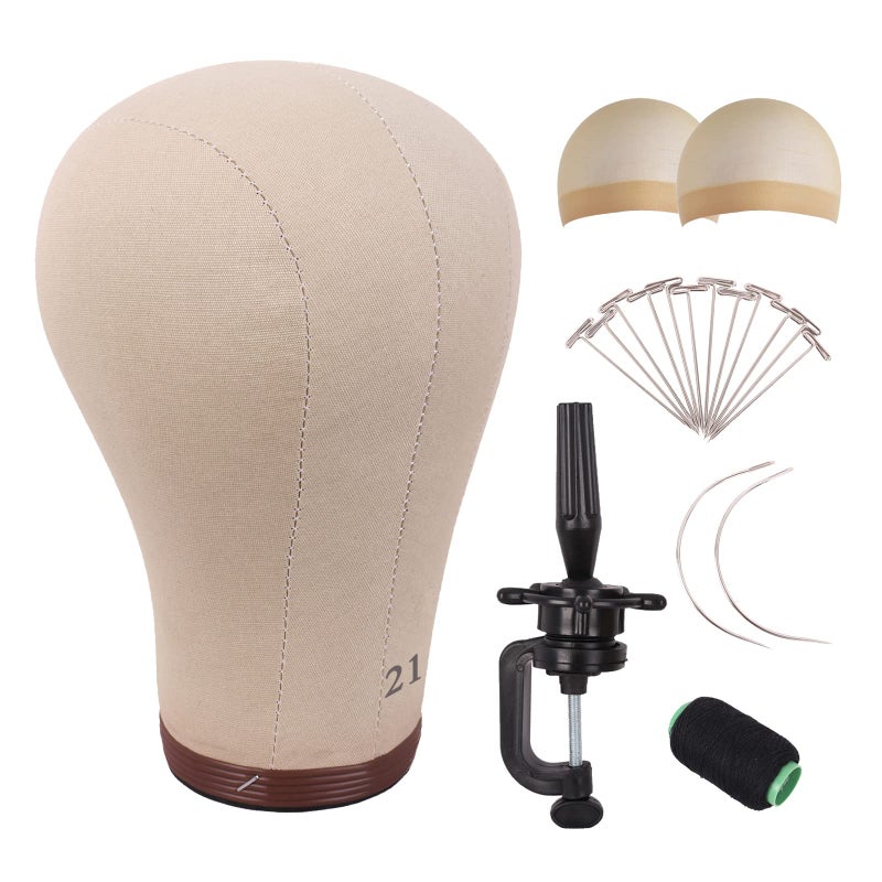 MapofBeauty MapofBeauty 21 Inch Wig Head Cork Canvas Block Head for Making Wigs Mannequin Head With Stand Head Pins Brown 