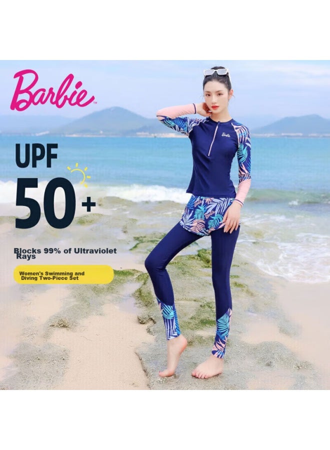 Barbie Sun Protection Two-piece Swimsuit For Women, Conservative Slimming Long-sleeve Long Pants Diving Swimwear For Ladies, Beach Vacation Swimwear - Image 1