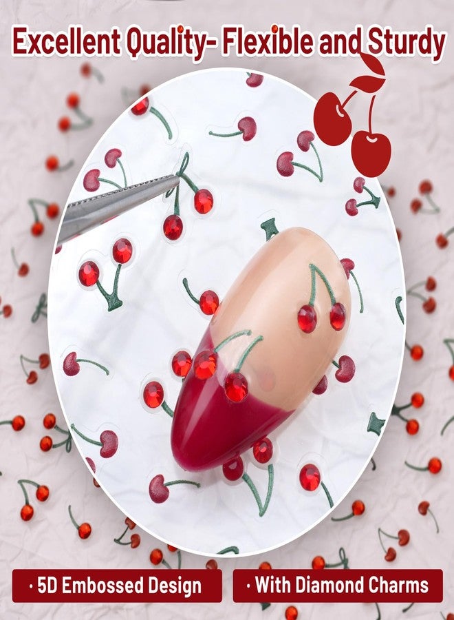 Pretty Diva Nail Art Stickers Crystal Cherry Art Nail Sticker Decals, 5D Cherries Nails Rhinestones Charms Fruit Self-Adhesive DIY Design French Tip Nail Decals - Image 4