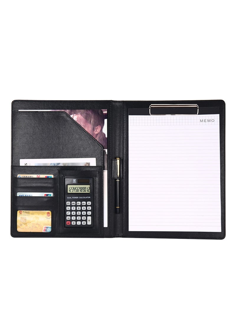 SYOSI Padfolio Folder Clipboard, Professional Leather Office Conference Executive Business Portfolio Case with Document Sleeve A4 Size Clipboard, Card Holders, calculator, Black  - Image 1
