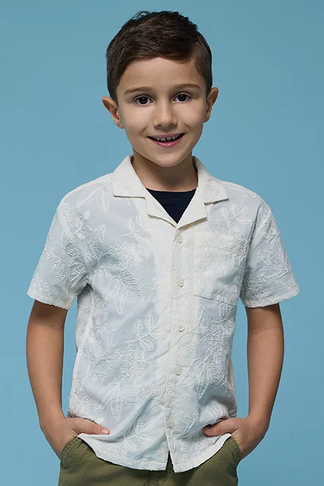 R&B Embroidered Shirt with Revere Collar and Short Sleeves
